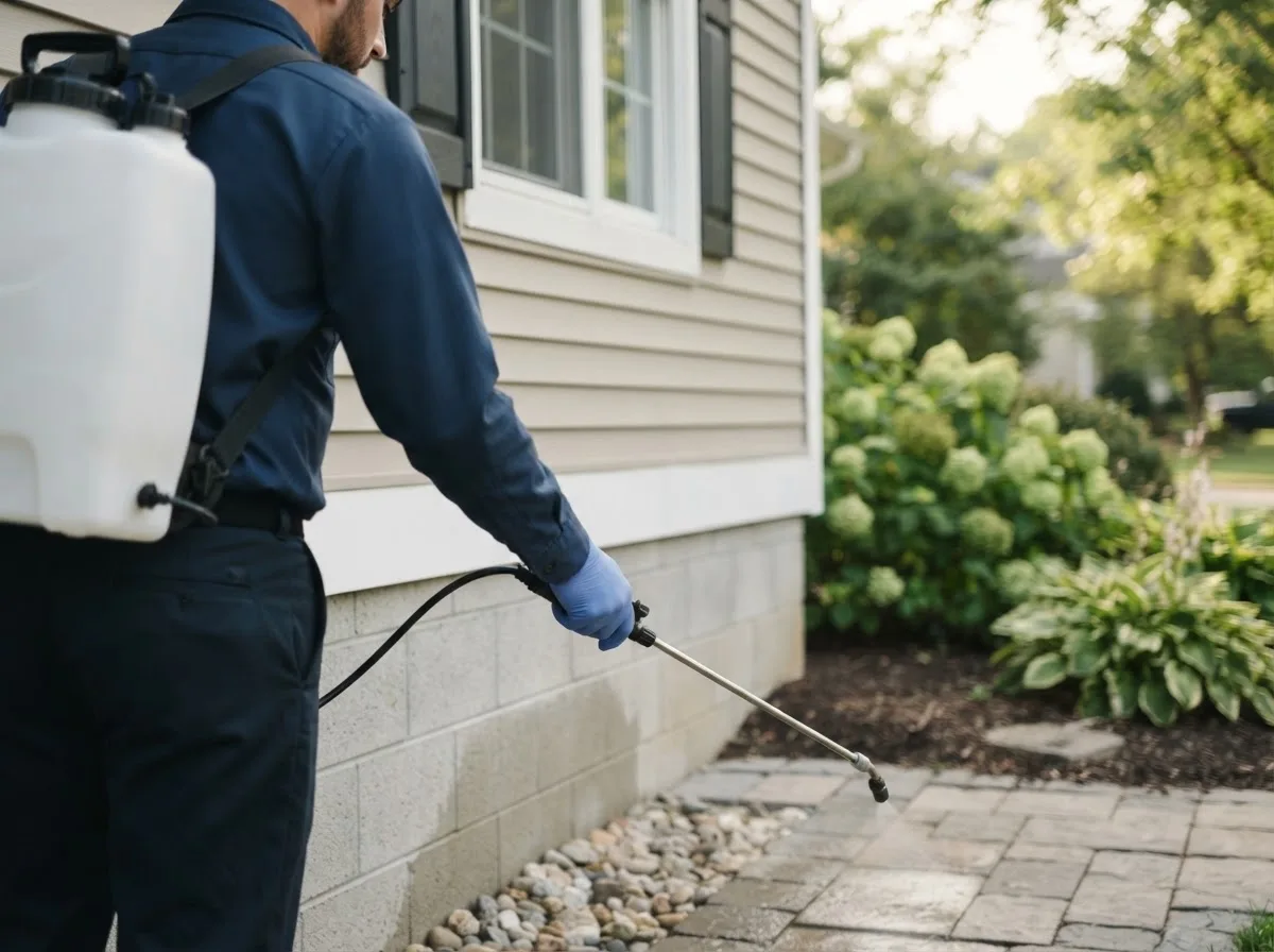 Pest control technician inspecting a home in Westville, OK